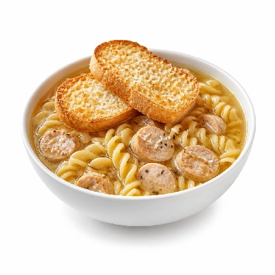 HelloFresh Italian Noodle Soup with Chicken Sausage Fusilli Pasta and Parmesan Toasts