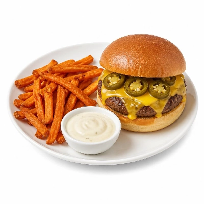 HelloFresh Jalapeno Popper Burgers with Sweet Potato Fries and Garlic Mayo