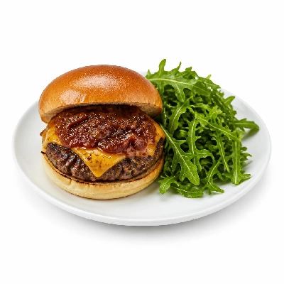 HelloFresh Juicy Lucy Burger with Tomato-Onion Jam and Arugula Salad
