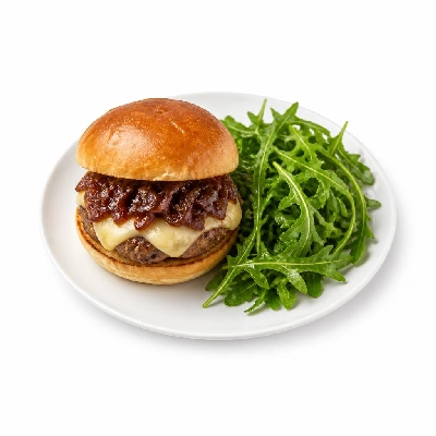 HelloFresh Juicy Lucy Burger with Tomato Onion Jam and Arugula Salad