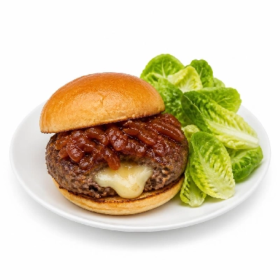 HelloFresh Juicy Lucy Burger with Tomato-Onion Jam and Baby Gem Lettuce Salad