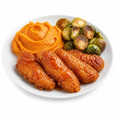 HelloFresh Kickin' Crispy Honey Chicken with Mashed Sweet Potatoes and Roasted Brussels Sprouts