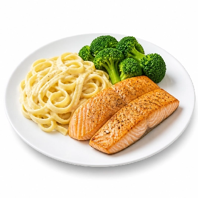 HelloFresh Lemon Garlic Salmon Fillets with Creamy Linguine and Baby Broccoli