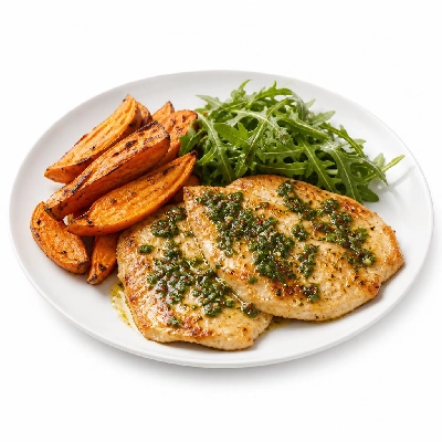 HelloFresh Lemony Chicken Paillard with Sweet Potato Wedges Arugula Salad and Chimichurri