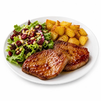 HelloFresh Maple and Mustard-Glazed Pork Chops with Roasted Potatoes a Cranberry Pine Nut Salad