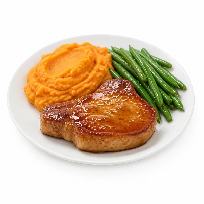 HelloFresh Maple-Glazed Pork Chops with a Sweet Potato Mash and Garlicky Green Beans