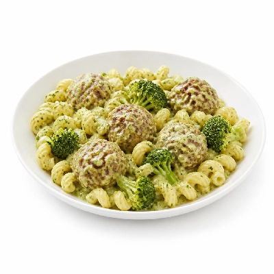 HelloFresh Meatballs on Top of Cavatappi with Broccoli and Pesto Cream Sauce