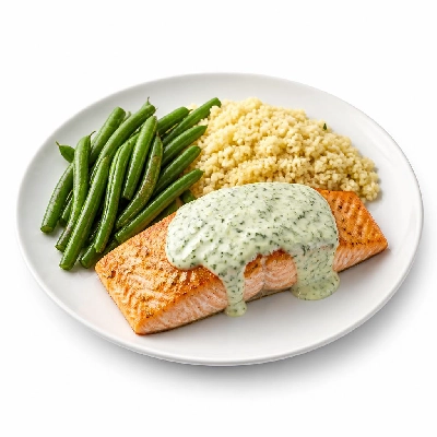 HelloFresh Mediterranean Salmon with Creamy Dill Sauce Green Beans and Za'atar Couscous