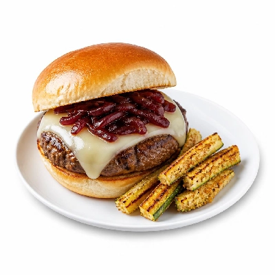 HelloFresh Melty Monterey Jack Burger with Red Onion Jam and Zucchini Fries