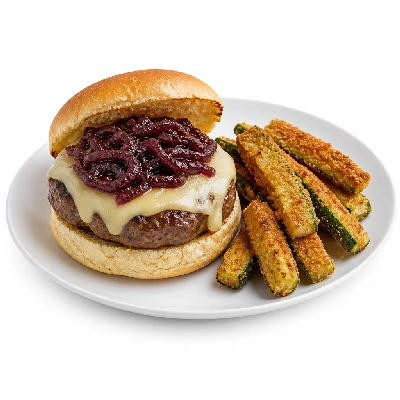 HelloFresh Melty Monterey Jack Burgers with Red Onion Jam and Crispy Breaded Zucchini