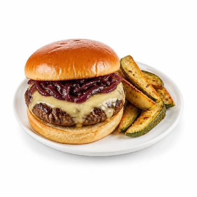 HelloFresh Melty Monterey Jack Burgers with Red Onion Jam and Zucchini Fries
