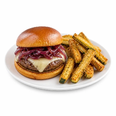 HelloFresh Monterey Jack Burger with Red Onion Marmalade and Crispy Zucchini Fries