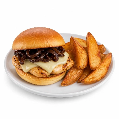 HelloFresh Monterey Jack Chicken Sandwich with Balsamic Onions and Potato Wedges