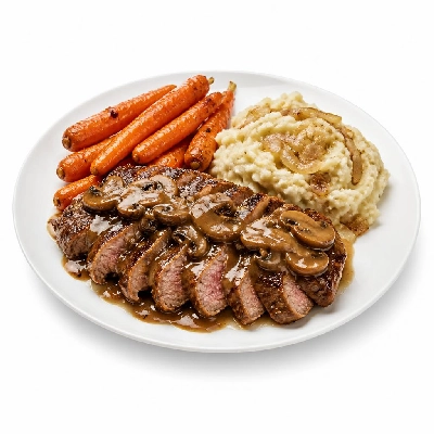 HelloFresh New York Strip Steak in a Mushroom Sauce with Roasted Baby Carrots and Caramelized Onion Mashed Potatoes