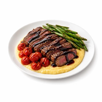 HelloFresh New York Strip Steak with Balsamic Reduction over Polenta Blistered Tomatoes and Green Beans