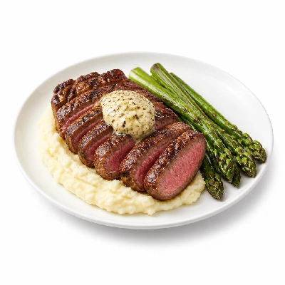 HelloFresh New York Strip Steak with Truffle Butter over Mashed Potatoes and Roasted Asparagus