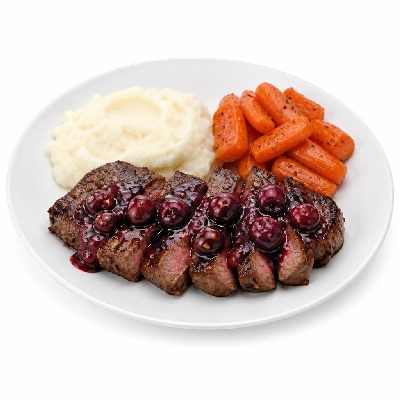 HelloFresh New York Strip Steaks in a Cherry Sauce with Gruyere Mashed Potatoes and Roasted Carrots