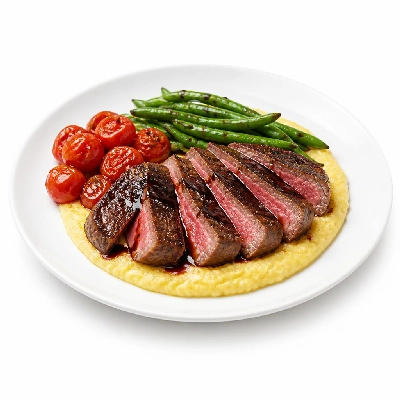 HelloFresh NY Strip Steak with Balsamic Reduction over Polenta Blistered Tomatoes and Green Beans