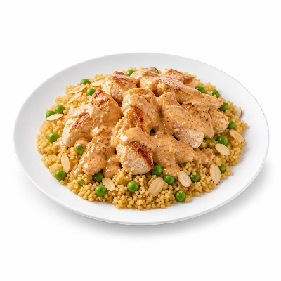 HelloFresh One-Pan Chicken and Couscous Pilaf with Peas Almonds Spicy Crema