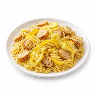 HelloFresh One-Pan Chicken Sausage Orzo with Lemony Yellow Squash Ribbons