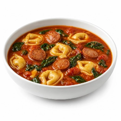 HelloFresh One-Pot Sausage and Tortelloni Soup with Baby Spinach in a Tomato Broth