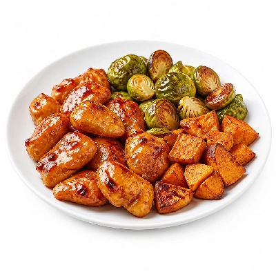HelloFresh Orange-Glazed Chicken with Roasted Brussels Sprouts and Sweet Potatoes