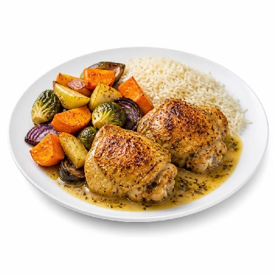 HelloFresh Oven-Roasted Chicken with Winter Vegetables Basmati Rice and Lemon-Thyme Pan Sauce