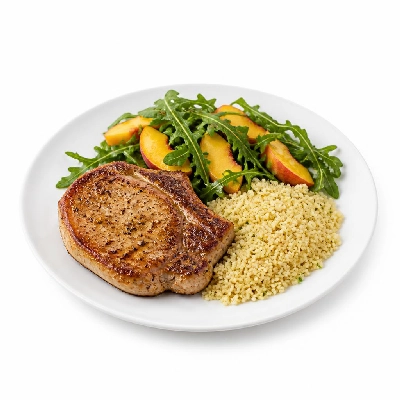 HelloFresh Pan-Seared Pork Chops with Shallot Thyme Pan Sauce Peach Arugula Salad and Couscous