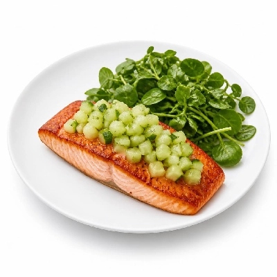 HelloFresh Pan-Seared Salmon with Honeydew-Cucumber Salsa & Watercress Salad