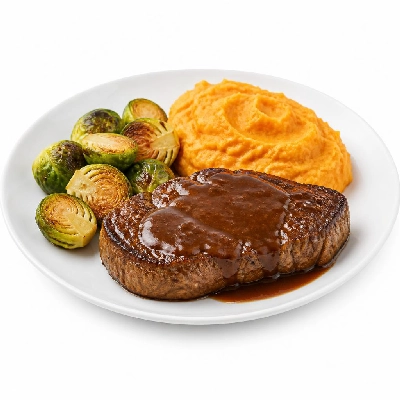 HelloFresh Pan-Seared Sirloin and Savory Demi-Glace Sauce with Brussels Sprouts Amandine Mashed Sweet Potatoes