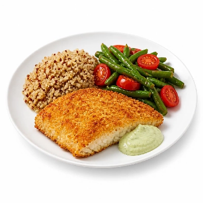 HelloFresh Panko-Crusted Cod with Wasabi Aioli Quinoa and Green Bean Tomato Saute