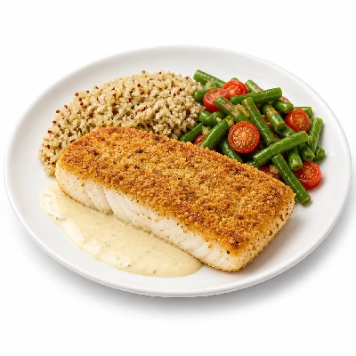 HelloFresh Panko-Crusted Mahi with Wasabi Aioli Quinoa and Green Bean-Tomato Saute