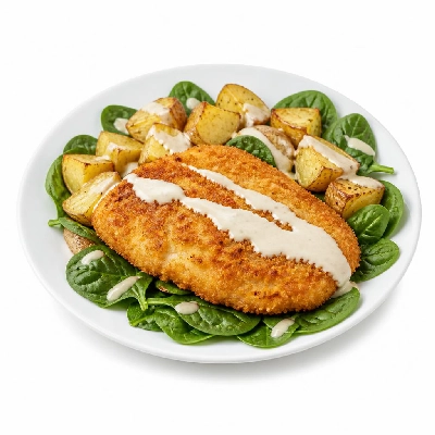 HelloFresh Panko Parmesan Poulet with Potatoes over Baby Spinach in a Creamy Lemon Dressing