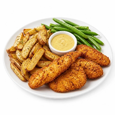HelloFresh Parmesan Chicken Strips with Rosemary Fries Green Beans and Honey Mustard Sauce