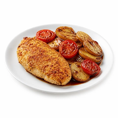 HelloFresh Parmesan-Crusted Chicken with Balsamic Potato Salad and Garlic-Roasted Tomatoes