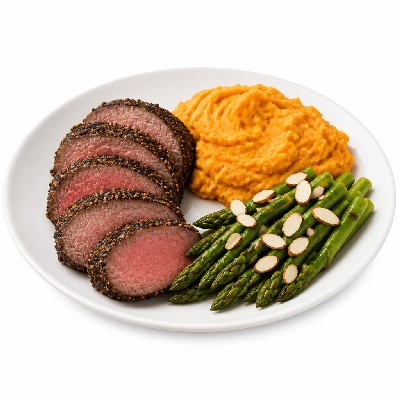 HelloFresh Peppercorn Crusted Beef Tenderloin with Chive Butter Asparagus Amandine and Mashed Sweet Potatoes