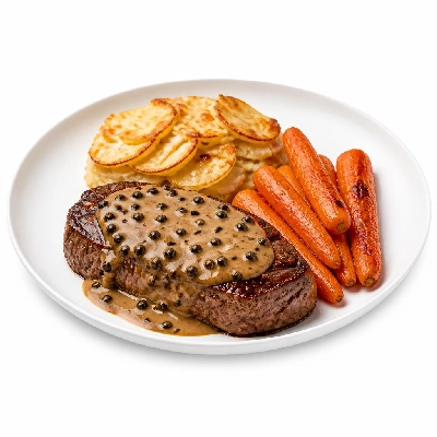 HelloFresh Peppercorn Sirloin Steak with Fingerling Potato Gratin and Roasted Baby Carrots