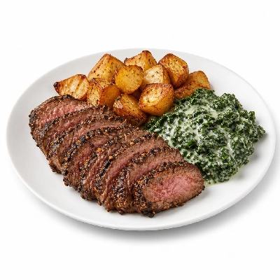 HelloFresh Peppercorn Steak with Crispy Roasted Potatoes and Creamed Kale