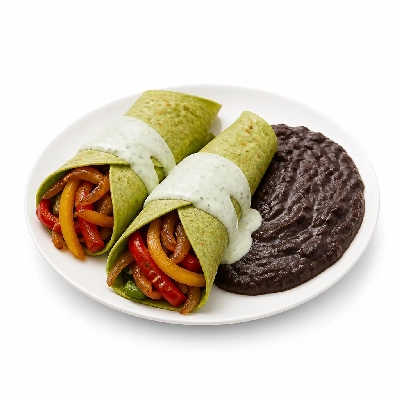 HelloFresh Peppy Pepper Fajitas with a Black Bean Mash and Lime Crema on Spinach Tortillas