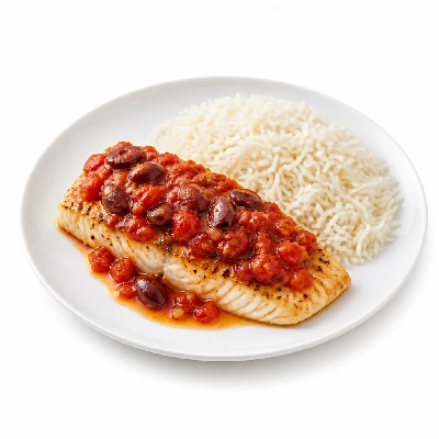 HelloFresh Pescado Veracruz with Olive Ragout Burst Tomatoes and Basmati Rice