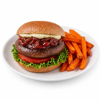 HelloFresh Plt (Portobello Lettuce & Tomato) with Sweet Potato Fries Tomato-Onion Jam Basil Aioli