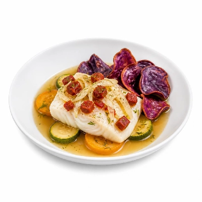 HelloFresh Poached Cod in Chorizo-Fennel Broth with Orange Zucchini and Purple Sweet Potato Crisps