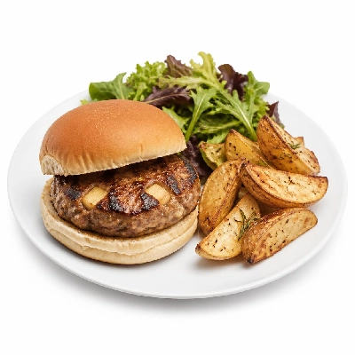 HelloFresh Pork and Apple Burger with Rosemary Potatoes and Mixed Green Salad