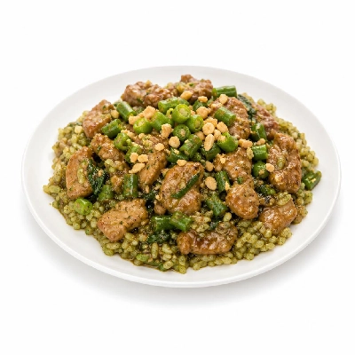 HelloFresh Pork Basil Stir-Fry over Jade Rice with Green Beans and Crushed Peanuts
