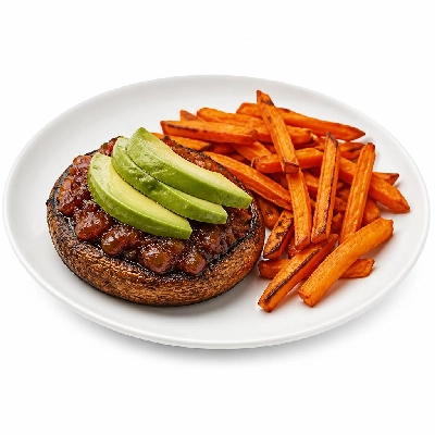 HelloFresh Portobello Burgers and Sweet Potato Fries with Tomato Onion Jam and Avocado