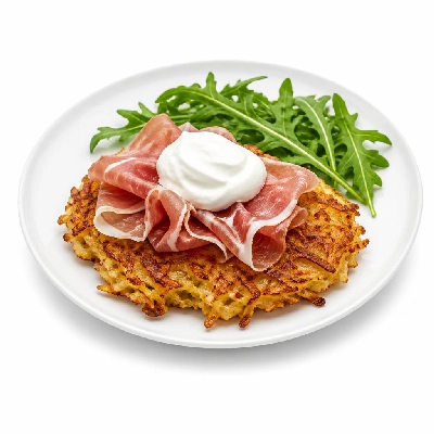 HelloFresh Potato Pan Rosti with Prosciutto Sour Cream and Arugula Salad