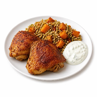 HelloFresh Ras El Hanout-Spiced Chicken Thighs with Freekeh Salad Butternut and Lemony Yogurt Sauce