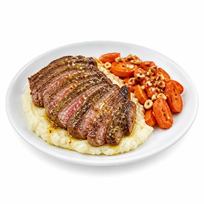 HelloFresh Rib-Eye Steak Over Gruyere Mashed Potatoes with Roasted Carrots Hazelnuts and Dijon Butter
