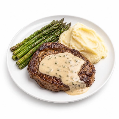 HelloFresh Ribeye with Tarragon Sauce Roasted Asparagus and Garlic Mashed Potatoes