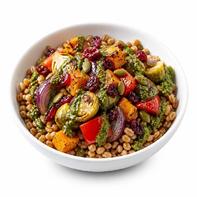 HelloFresh Roasted Veggie Farro Bowl with Marinated Cranberries and Salsa Verde Sunflower Pepitas